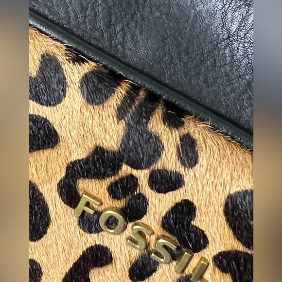 Fossil Black Leather Leopard Cheetah Print Handbag Satchel - Picture 3 of 16